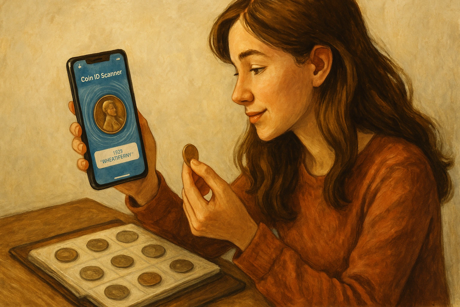  A young woman with a coin album scans a penny via the Coin ID Scanner.