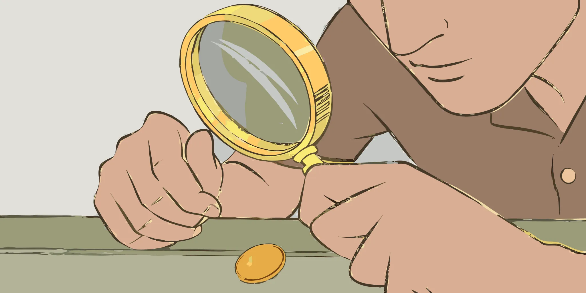 a man looks at a coin through a magnifying glass
